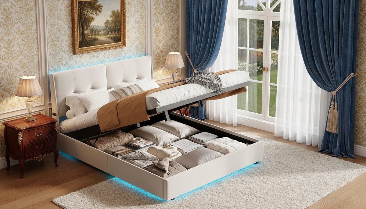 Opbergbed 160x200 cm met LED-verlichting en Gasveer – Casa Velluto Luxe Gestoffeerd Tweepersoonsbed met Hoofdbord, Flanel Bekleding, Lattenbodem en Grote Opbergruimte – Modern Bedframe voor Volwassenen en Tieners – Beige