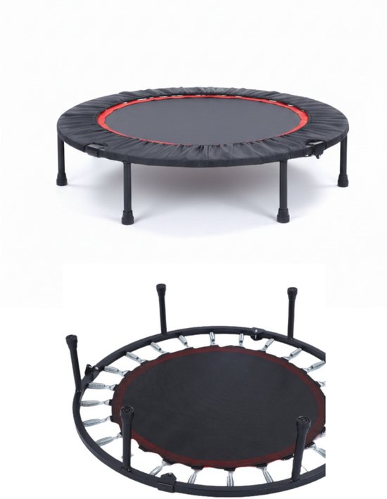 Zwarte trampoline met rode rand, van bovenaf en van onderaf met zichtbare veren.