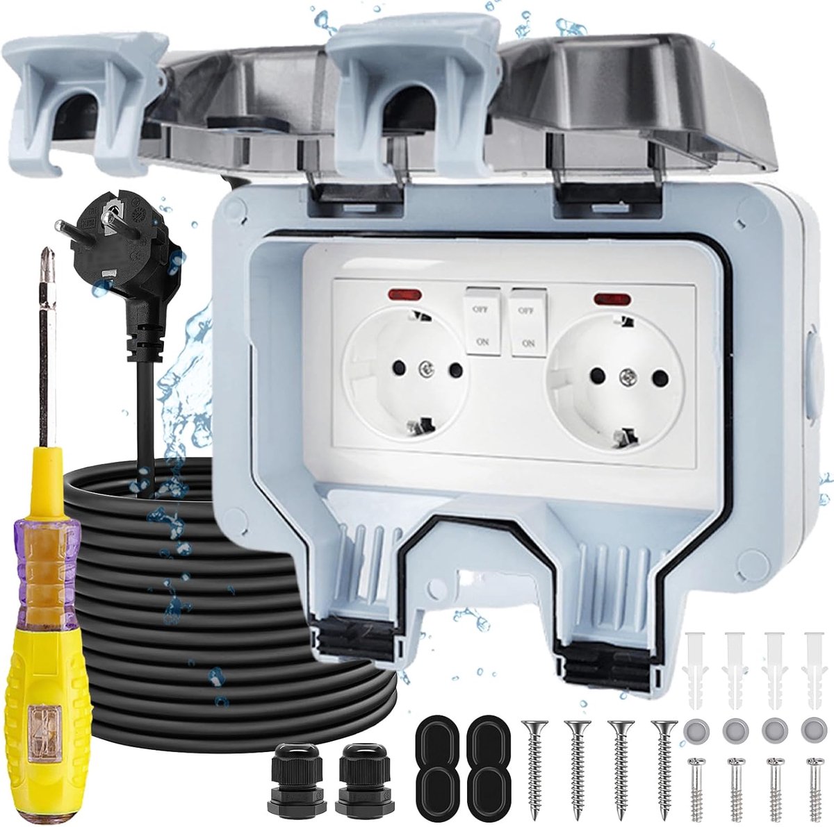Buitenstopcontact Waterdicht - Stopcontact Buiten - Tuin Stroomvoorziening - IP66 Bescherming - 5m Kabel - Grijs