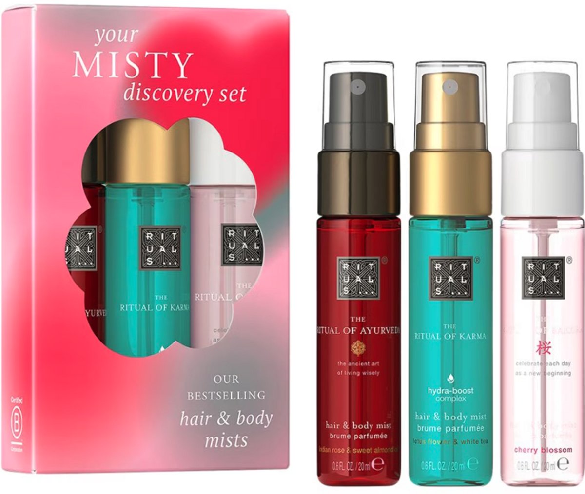 Rituals Geschenkset - 3 Producten - 3x Hair and Body Mist 20 ml - 3 Verschillende Geuren - Ritual of Sakura - Ayurveda - Karma - Giftset - Geschenkdoos - Cadeaudoos - Cadeauset - Cadeaus voor Vrouwen - Bodymist - Haarparfum - Parfum - Set - Spray