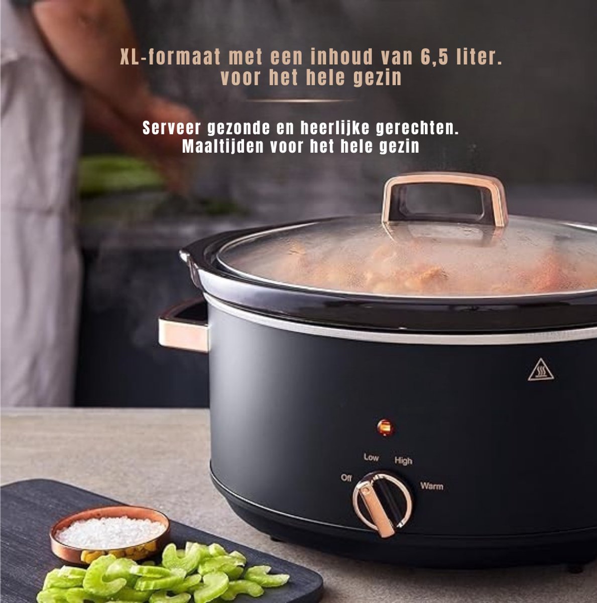 DYNA® Slowcooker met Timer - Crockpot - Stoompot - Inclusief Warmhoudfunctie - 6.5 Liter - Zwart -30cm x 42cm x 26cm – foto 6