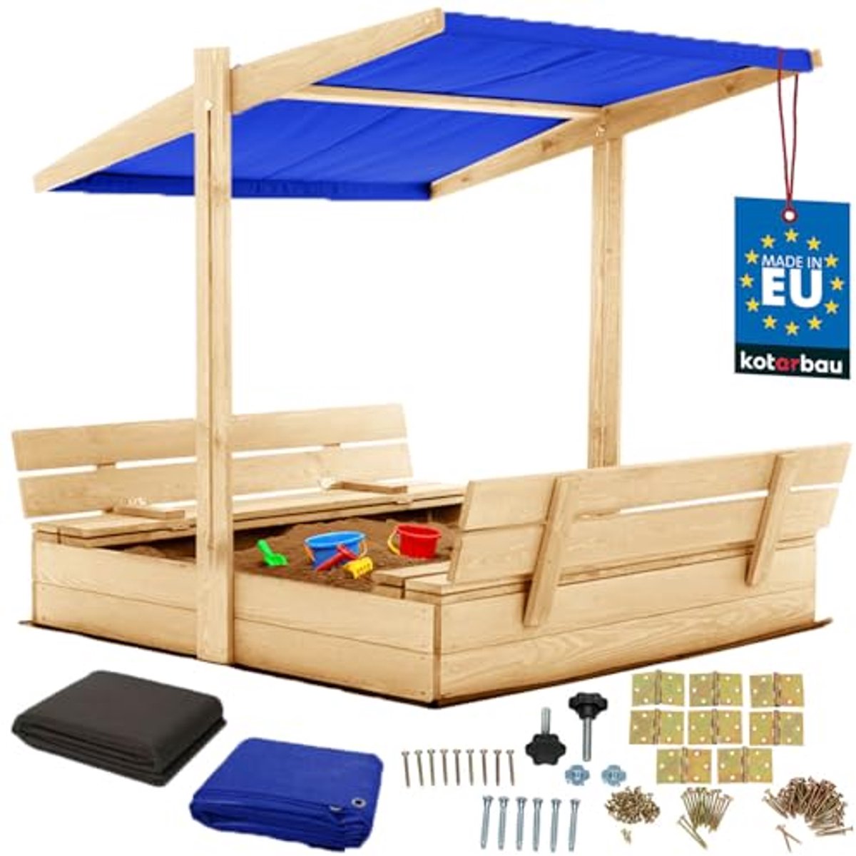 KOTARBAU® Houten Zandbak, 120 x 120 cm, Natuurlijk, Zandbak met Bankjes, met Blauw Dak, en Grondzeil, voor Tuin, Buitenspeelgoed