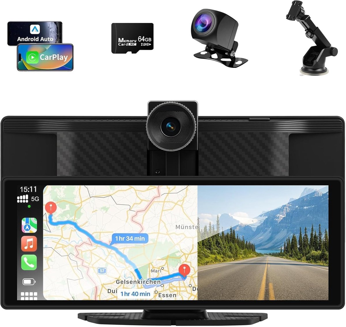 10.26 Inch Carplay Scherm - Draadloos Apple CarPlay en Android Auto - IPS Touchscreen 1600x600 - 4K Dashcam en 1080P Achteruitrijcamera - Bluetooth - FM en AUX - Split Screen - Inclusief 64GB TF Kaart