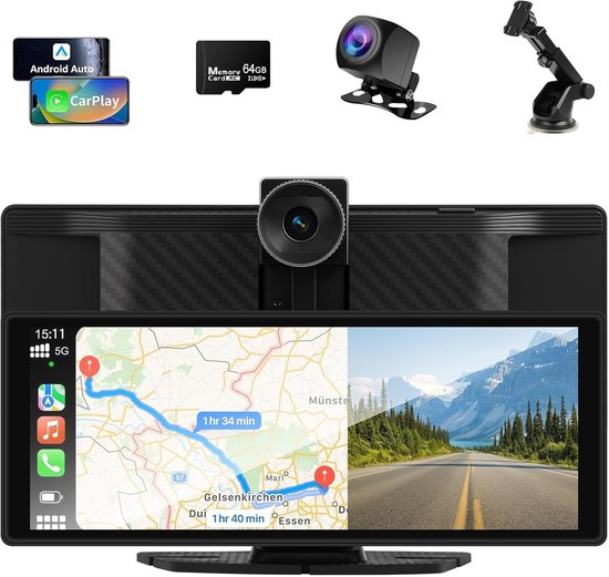 10.26 Inch Carplay Scherm Draadloos Apple CarPlay Android Auto IPS Touchscreen 1600×600 4K Dashcam 1080P Achteruitrijcamera Bluetooth FM AUX Split Screen 64GB Kaart