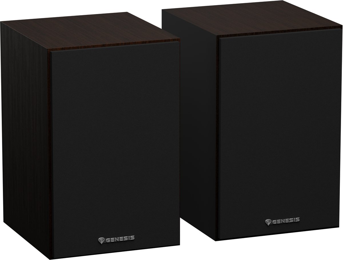 Genesis Arsen 302BT, speakerset 2.0, 20W totaal, Bluetooth 5.3 en bekabeld, MDF behuizing, 4 inch woofer, 1,25 inch tweeter, bassreflex voorzijde, RCA en 3,5mm jack, netvoeding 230V, bruin