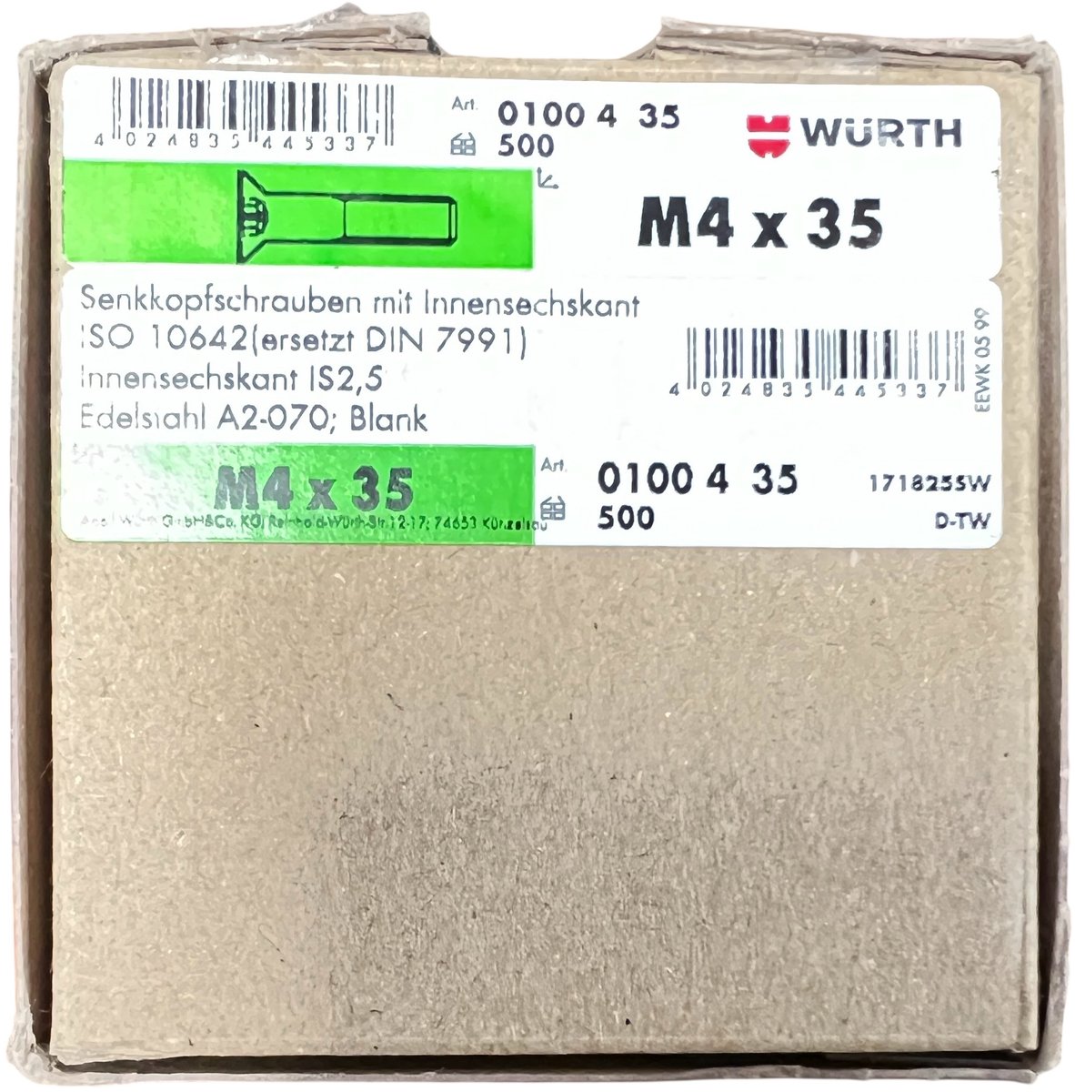 Würth M4 x 35 Edelstaal A2-070 Inbusbouten (2.5) 500 Stuks
