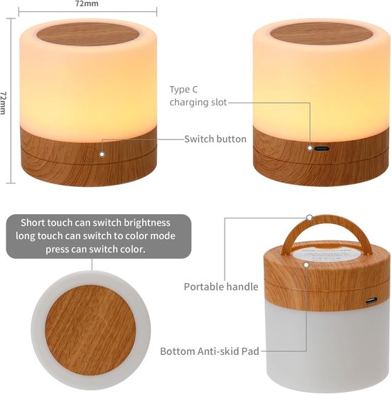 USB Oplaadbare Kinder Nachtlamp - 13 RGB Kleuren - 4 Helderheidsniveaus - Met Afstandsbediening en Touch Bediening - Draadloze Tafellamp voor Slaapkamer Woonkamer - Bruin van Merkloos — afbeelding 4