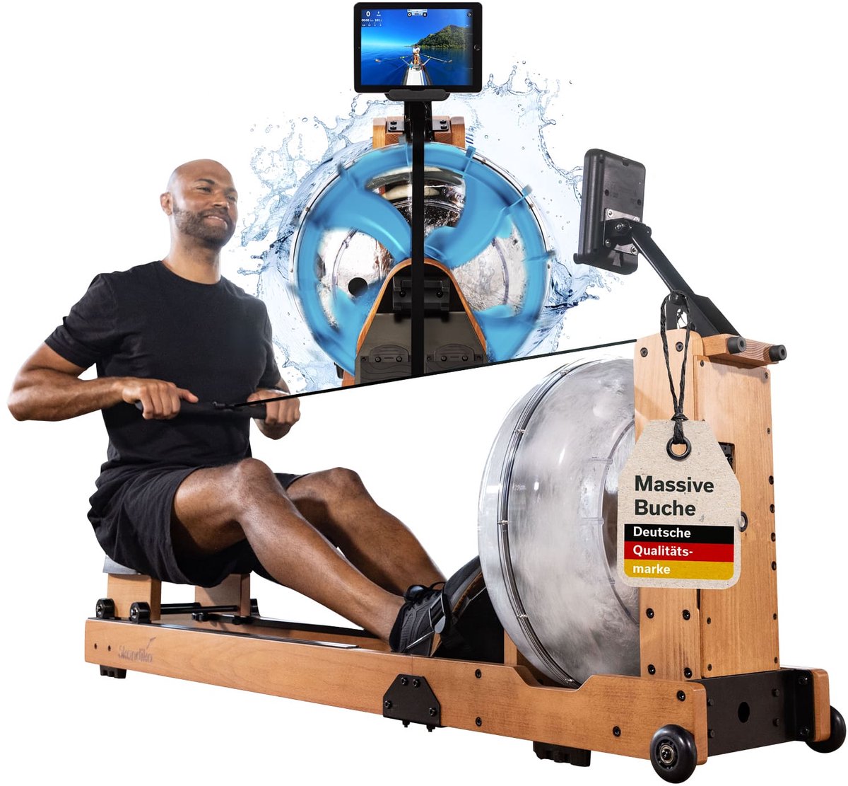 Skandika Lykke Water Roeimachine – Water Roeimachine – Roeiapparaat – 90° Tank – Houten Roeitrainer fitness voor thuis, met instelbare waterweerstand – Roeier met max. 150 kg Gebruikersgewicht – Kinomap App Compatible, Massief Beukenhout – licht hout