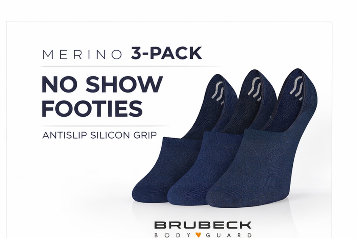 Brubeck Merino Sneakersokken / Footies – No Show Sokken – 3 Pack – Antislip Silicon Grip – Unisex Navy 41/43