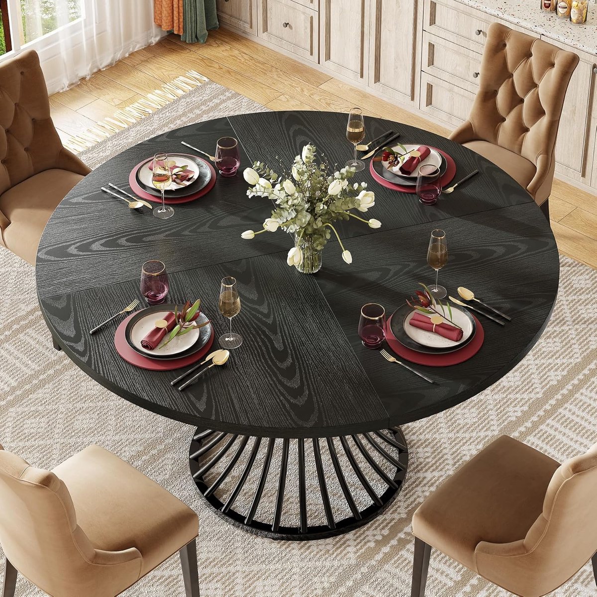 LITTLE TREE Ronde Eettafel 120 cm - Voor 4-6 Personen - Landelijke Stijl met Sterke Metalen Onderstel - Ideaal voor Kleine Ruimtes - Rustiek Bruin (Zwart)