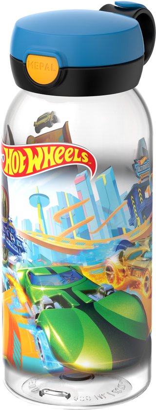 Transparante Mepal drinkfles met Hot Wheels print, blauwe dop en oranje knopje.