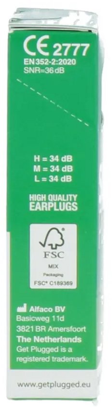 Doos met CE 2777 EN352-2-2020 SNR-36dB, high quality earplugs. Alfaco BV. www.getplugged.eu