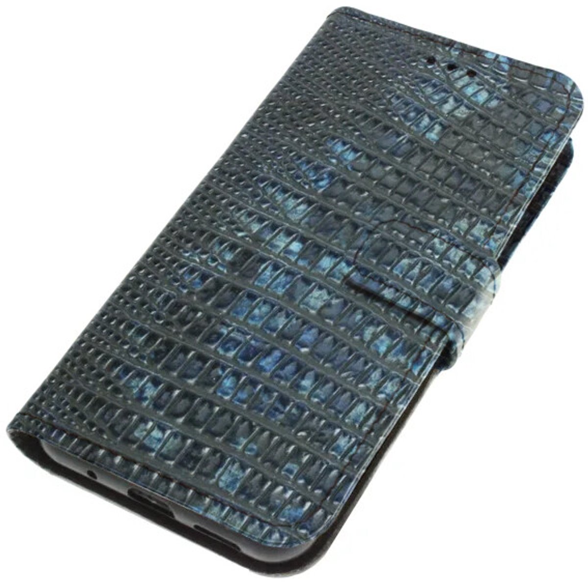 Echt leer hoesje geschikt voor Samsung Galaxy S24 Stug robuust kalfsleer – reptiel reliëf Blauw / zwart