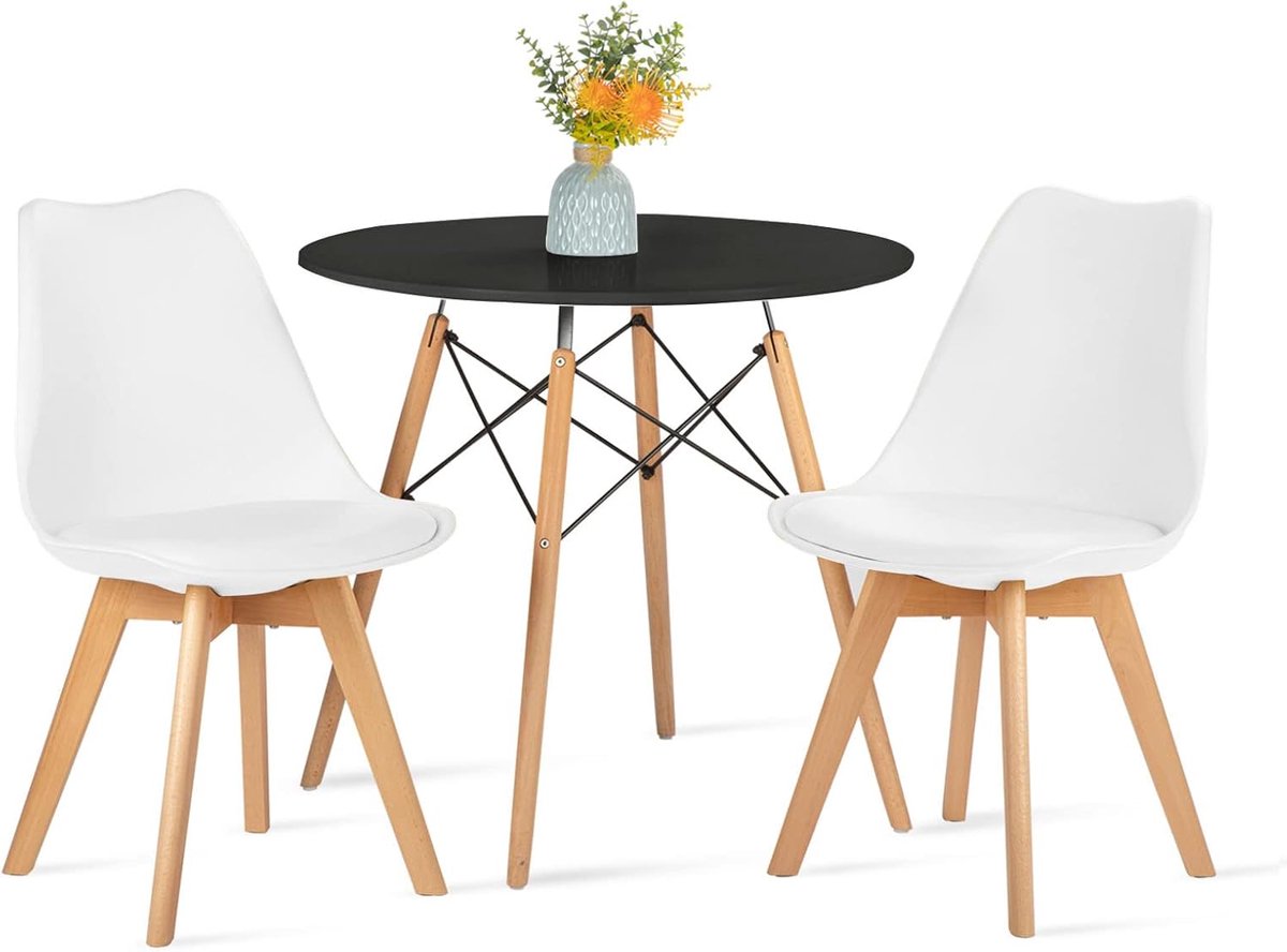 Eetkamerset Zwart Tafel met 2 Witte Stoelen voor Keuken of Kantoor