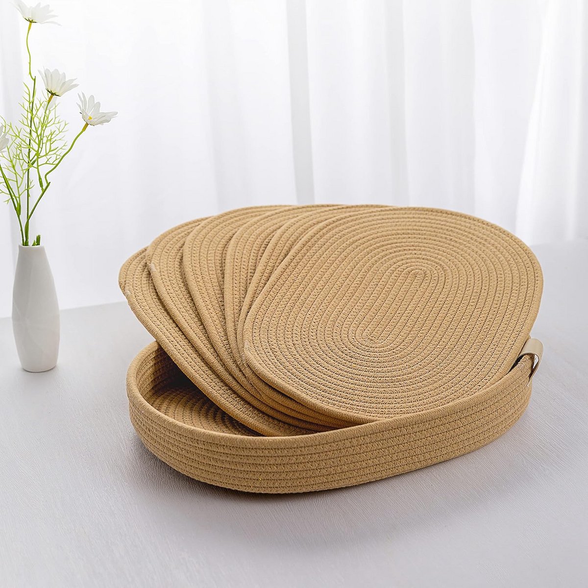 Set van 6 Ovale Geweven Placemats van Katoenen Touw met Opbergmand