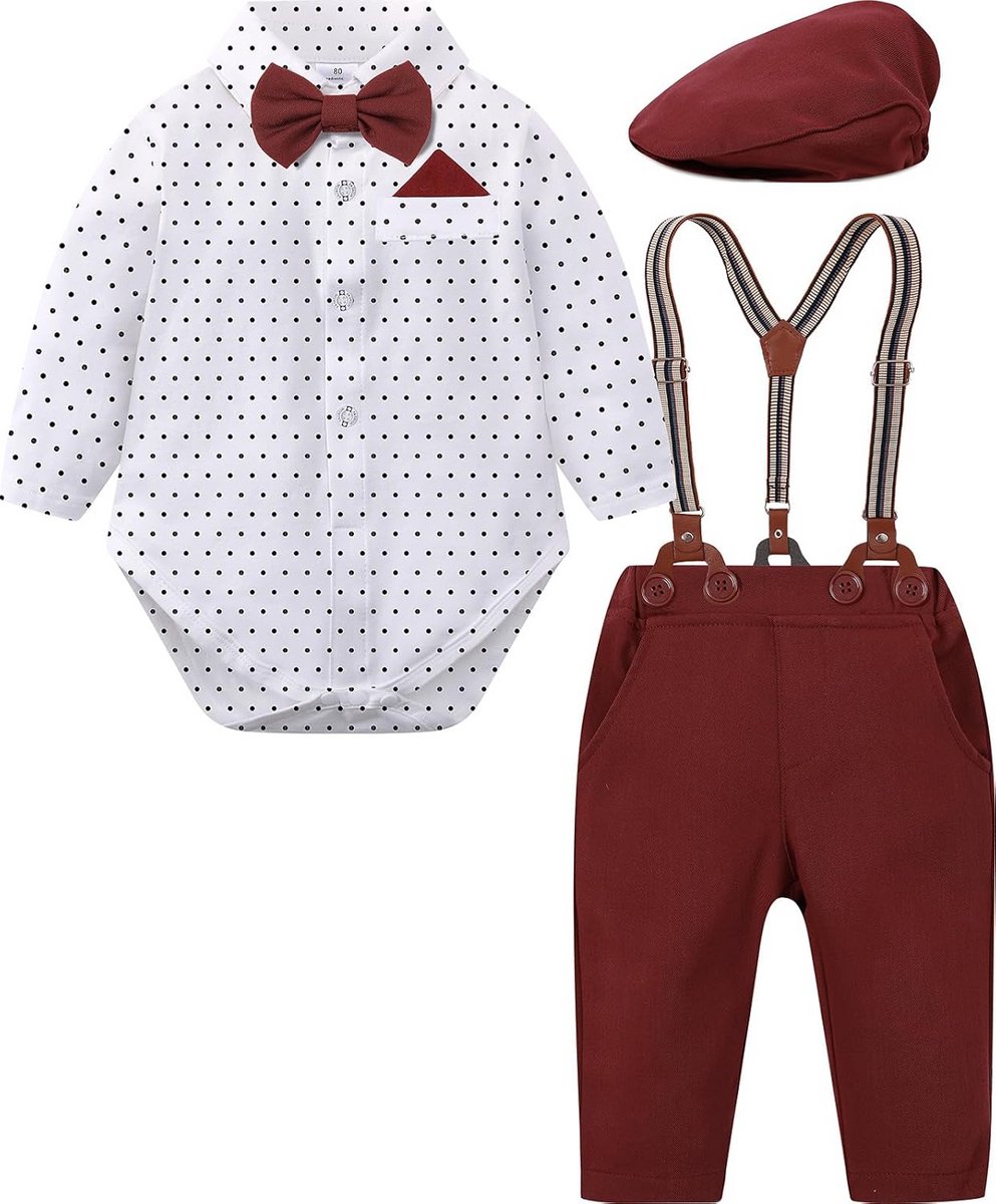 Baby Jongen Kleding Set 3-Delig Pak met Bretels en Stropdas voor Feest en Bruiloft (3-18 Maanden)