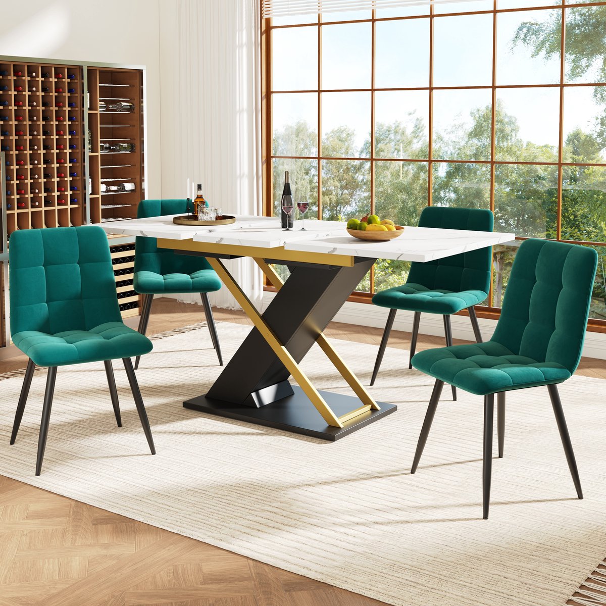 HAUSS SPOLE Eettafel - Uitschuifbare Tafel Met Binnenliggende Verlenger En Gouden Kruispoten - Voor 6-8 Personen In Keuken En Woonkamer - 120-160x80x75,4 cm - Zwart Zwart + Wit