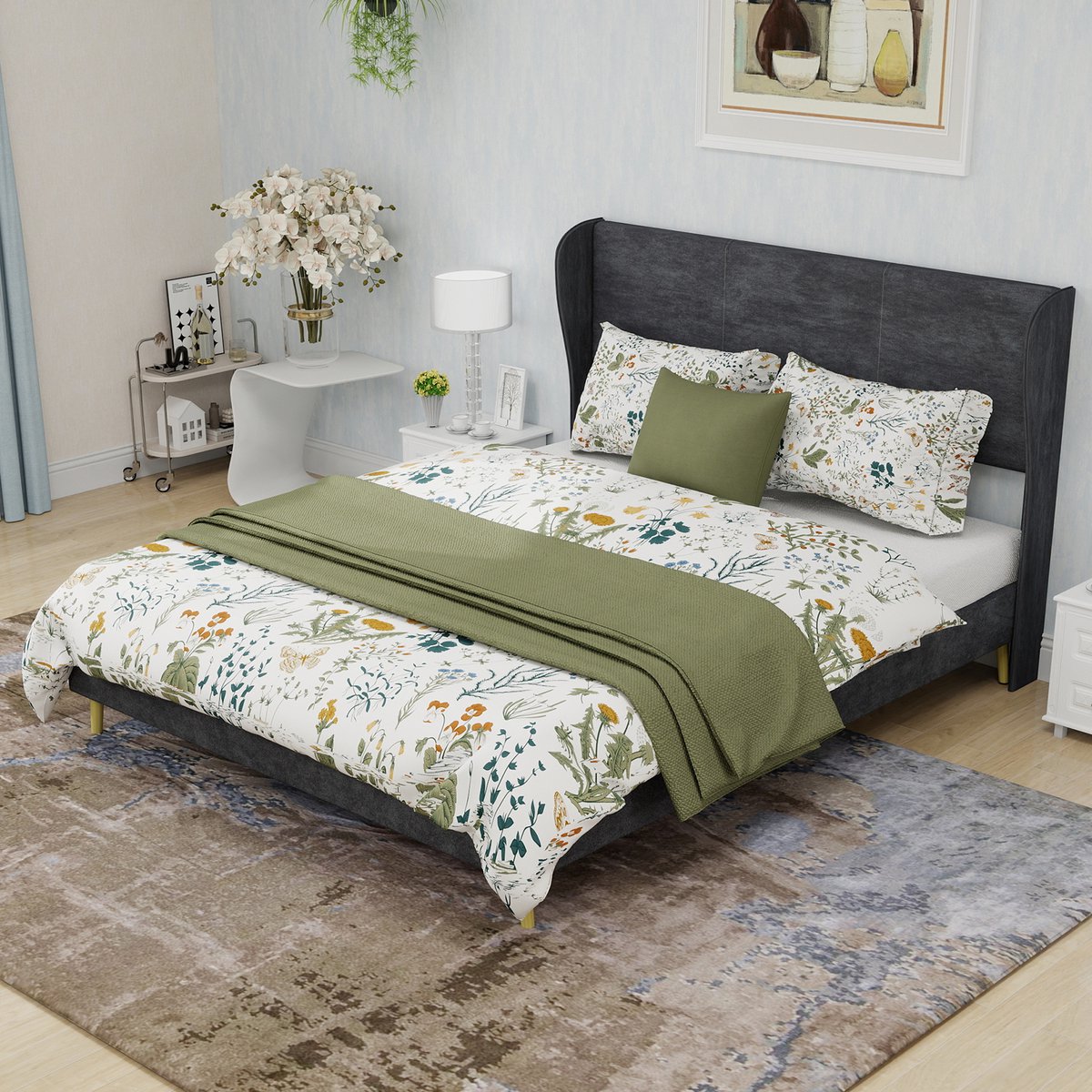 HAUSS SPOLE Gestoffeerd Bed 140x200cm - met Zacht Hoofdeinde - Lage Basis zonder Opbergruimte - Modern Minimalistisch - Stof - Grijs - zonder matras