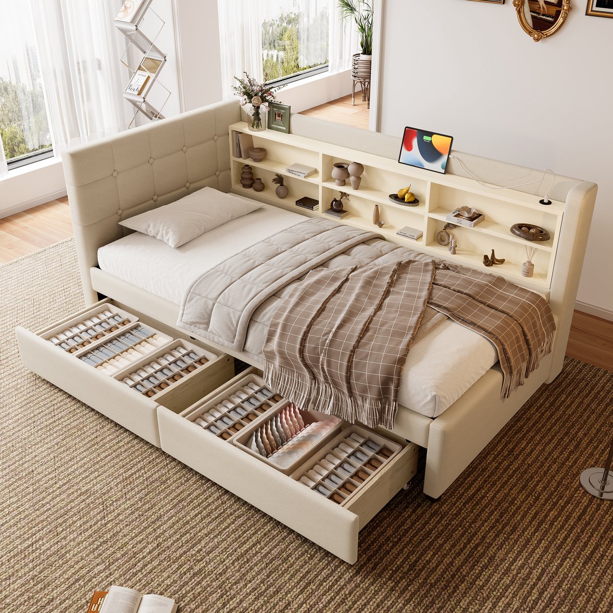 HAUSS SPOLE Dagbed 90x200cm - Eenpersoonsbed Met 2 Opberglades En USB/Type-C - Hoofdeinde Met Knopen Voor Lezen - Linnen/MDF - Beige - Zonder Matras