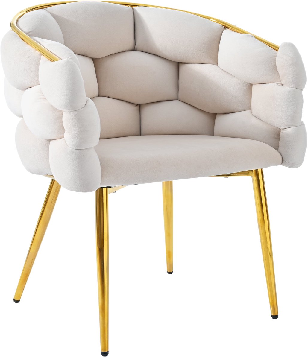Merax Set van 4 Velvet Eetkamerstoelen - Bubble Design - Goudkleurige Metalen Poten - Ergonomisch & Comfortabel - Beige - 44 x 41 x 74 cm