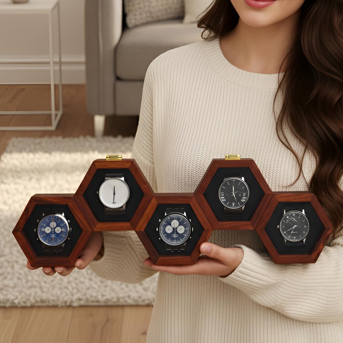 Luxe Houten Horlogedoos met Honingraatpatroon - Meerdere Groottes