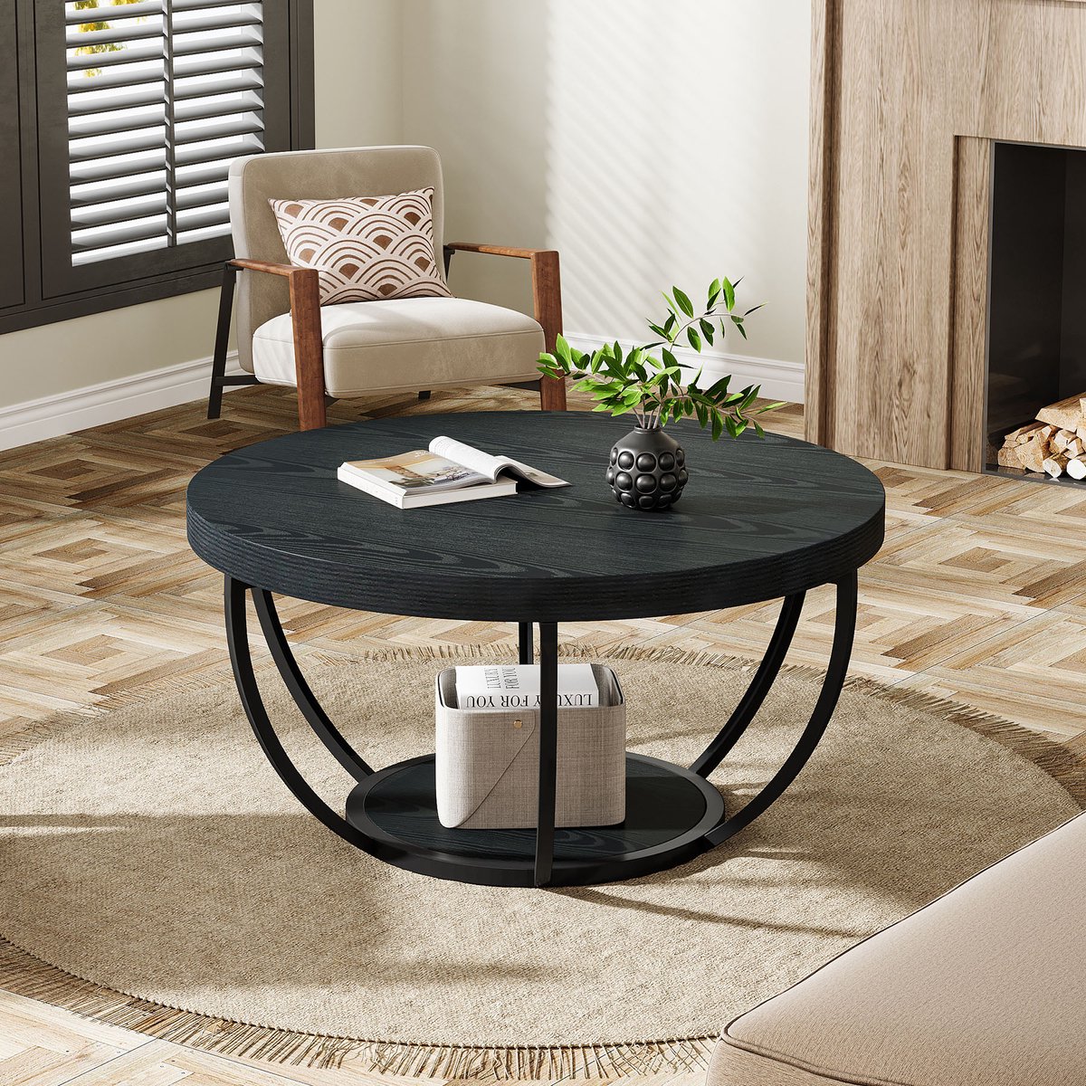 LITTLE TREE Ronde Salontafel - 80 X 80 X45 cm - Moderne 2-Laags Zwarte Koffietafel met Plank - Accent Tafeltje - voor Woonkamer