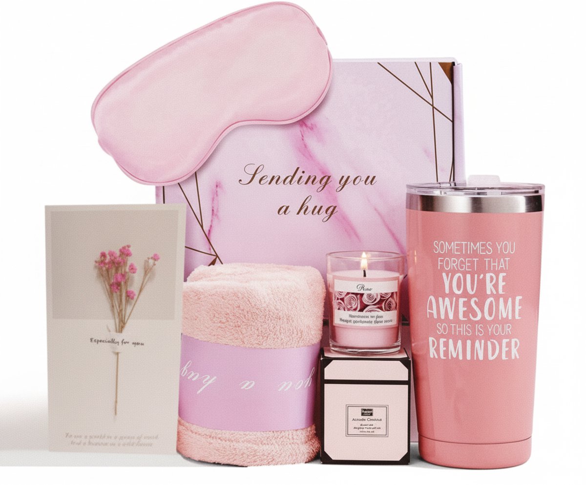 Luxe geschenkset voor vrouwen - Inclusief roze thermobeker, geurkaars, handdoek & kaart