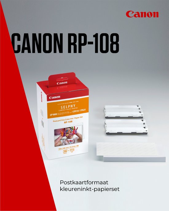 Boîte du kit d'encre et de papier Canon SELPHY RP-108, montrant un enfant aux mains colorées.