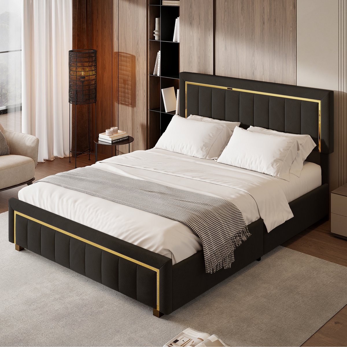 Opbergbed 160x200 cm – Zwart Gestoffeerd Tweepersoonsbed met Gaslift en Ruime Opbergruimte thumbnail 5