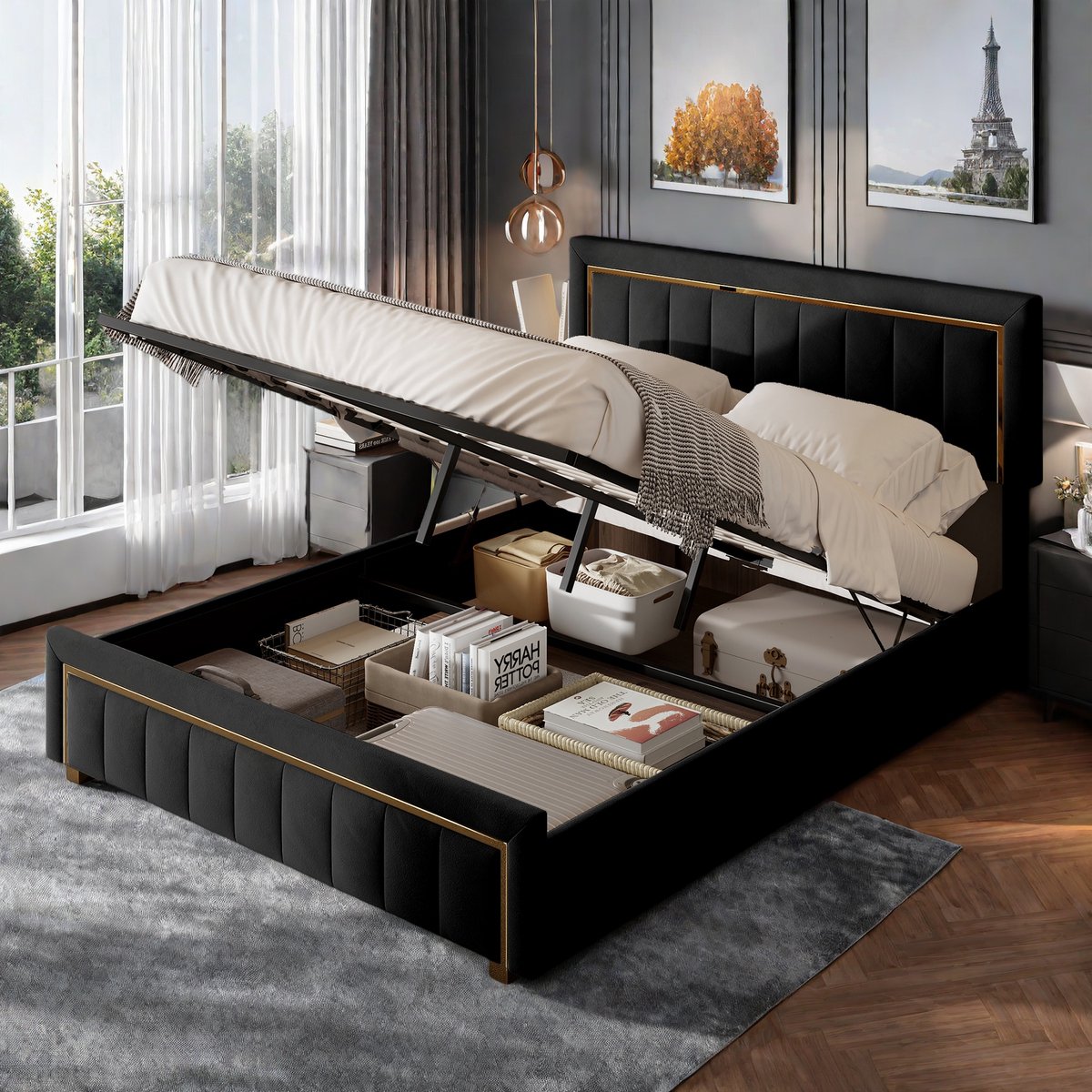 Opbergbed 160x200 cm – Zwart Gestoffeerd Tweepersoonsbed met Gaslift en Ruime Opbergruimte