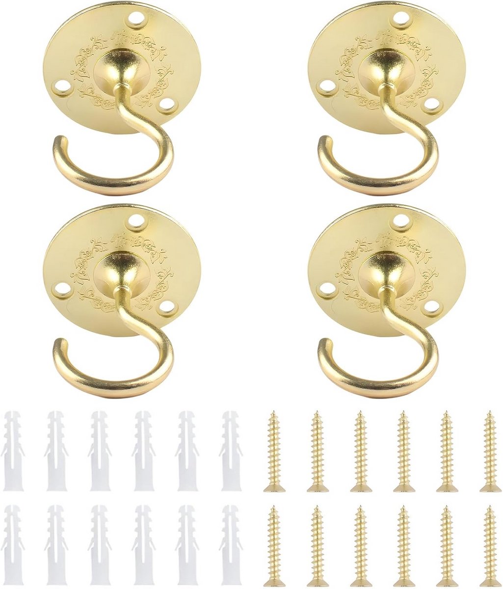 Set van 4 Vintage Gouden Plafondhaken met Schroeven voor Hangplanten en Kroonluchters