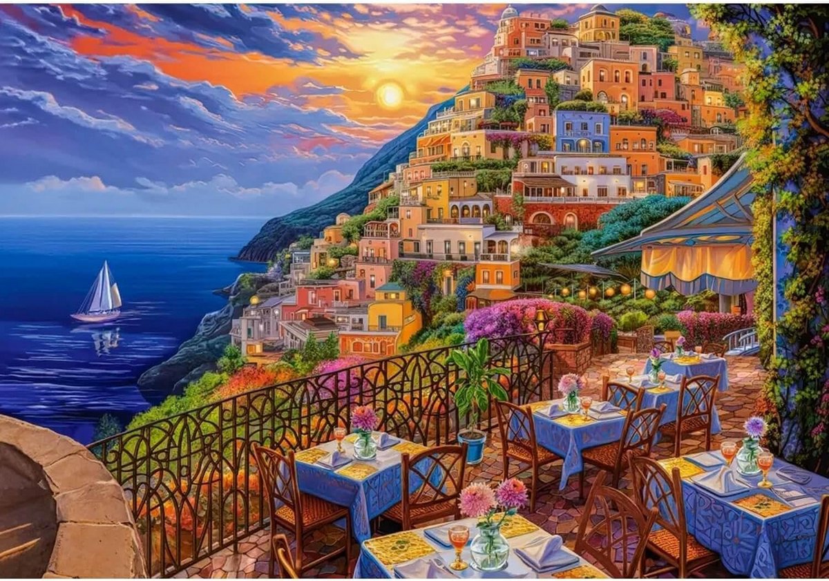 Puzzel 1500 Stukjes: Romantisch Avondtafereel Italië Kustlijn
