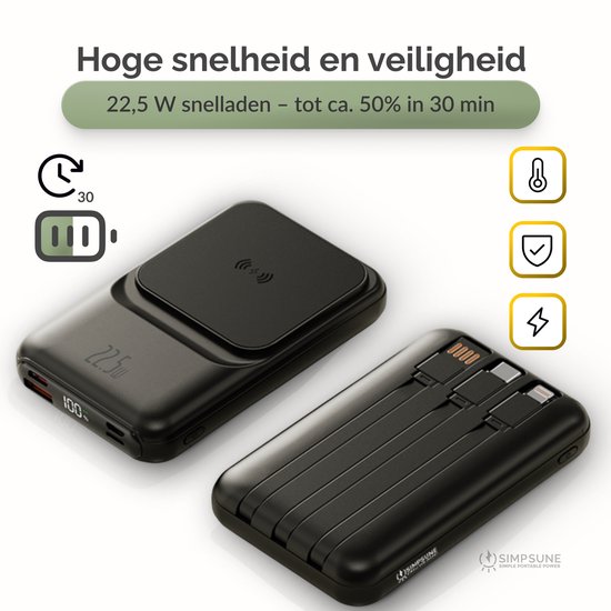 Zwarte powerbank met 22.5W snelladen en een andere met 3 ingebouwde kabels.