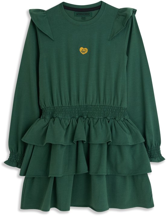 Groene jurk met lange mouwen, ruches, elastische tailleband en een hartvormig logo op de borst.