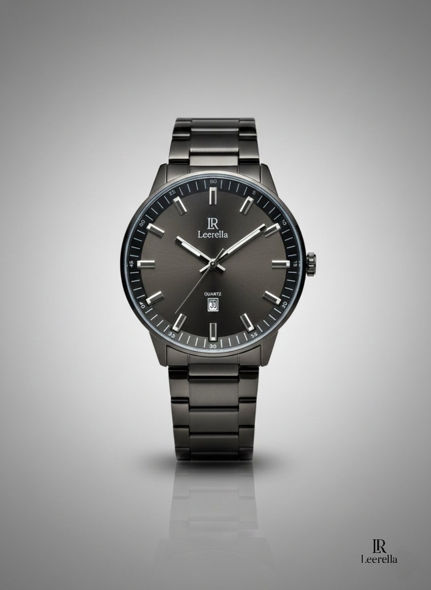 Leerella Zwart Herenhorloge - Quartz Analoog Polshorloge met Datum - Roestvrijstalen Band - Waterbestendig tot 30m -