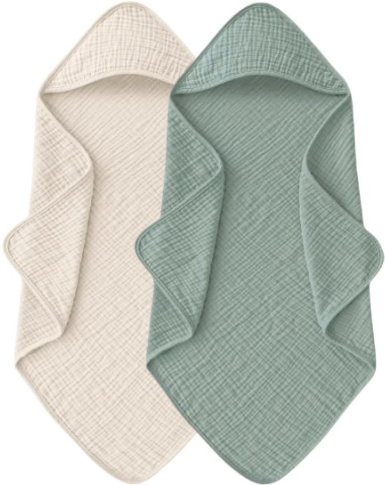 Badcape | Beige&Groen | Set van 2 | Zachte hydrofiel | Katoen | Wikkeldeken | Doek | Capuchon | Baby | Kind | Kraamcadeau