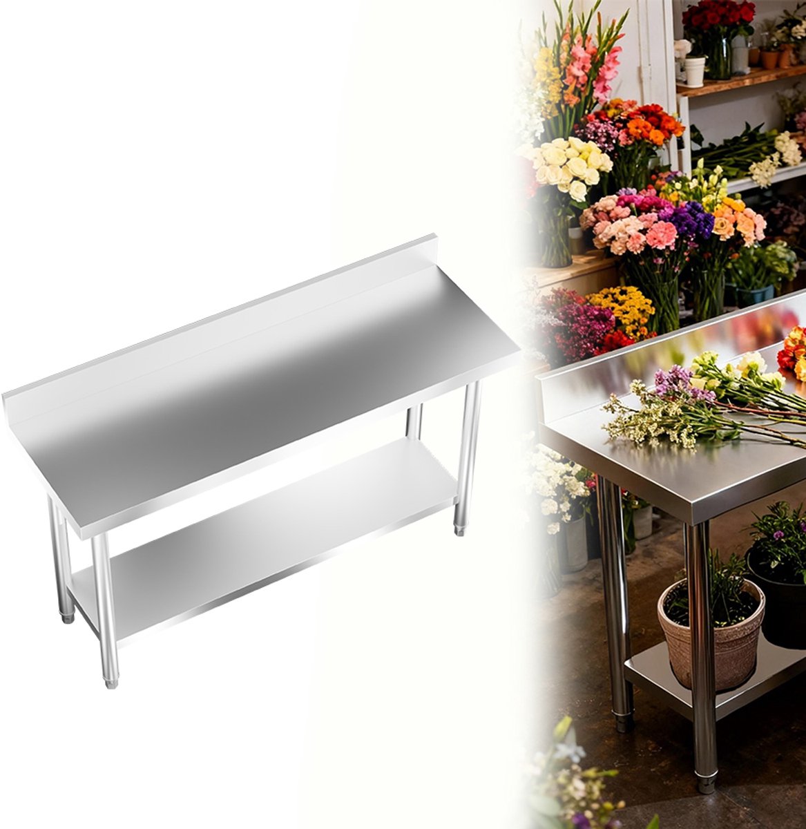Aufun Roestvrijstalen Werktafel - 150*50*85 cm - Demontagetafel Met Rand - Roestvrijstalen Tafel - Voor Restaurants, Thuis, Hotels