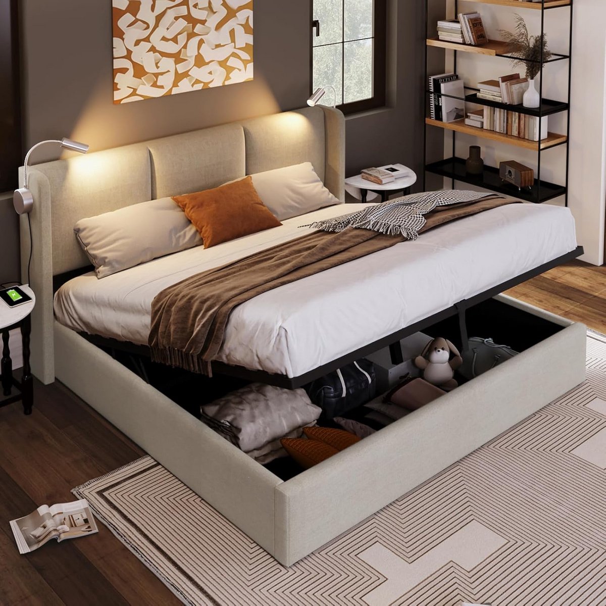 Gestoffeerd Tweepersoonsbed 160x200 cm met Opbergruimte en Ingebouwde Leeslamp & Oplaadpun