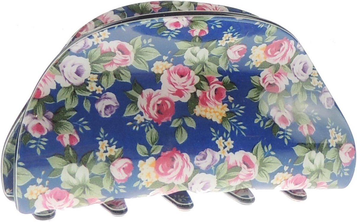 Grote Haarspeld Klauw Clip met Bloemenprint voor Dames - Blauw