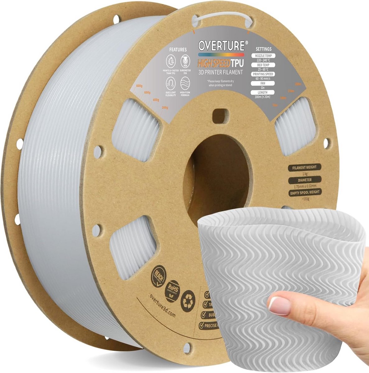 Flexibel TPU 1.75mm 95A 3D Printer Filament Hoge Snelheid Wit