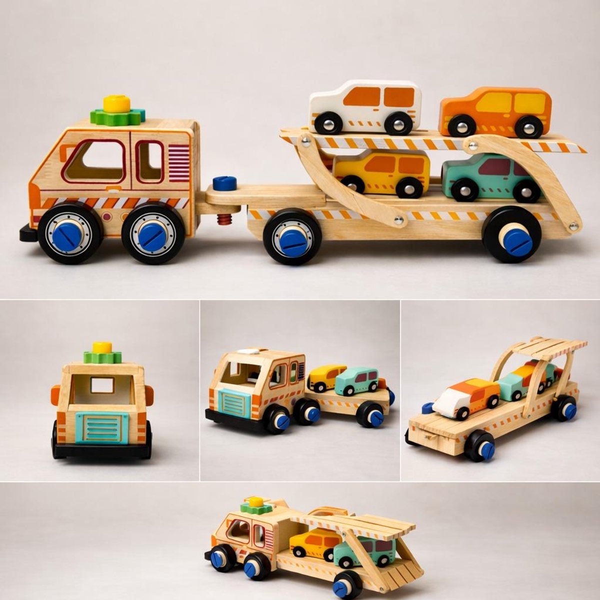 Houten Autotransporter Speelgoed – Houten Vrachtwagen met 4 Auto’s – Educatief Hout Speelgoed – Peuter & Kleuter Cadeau