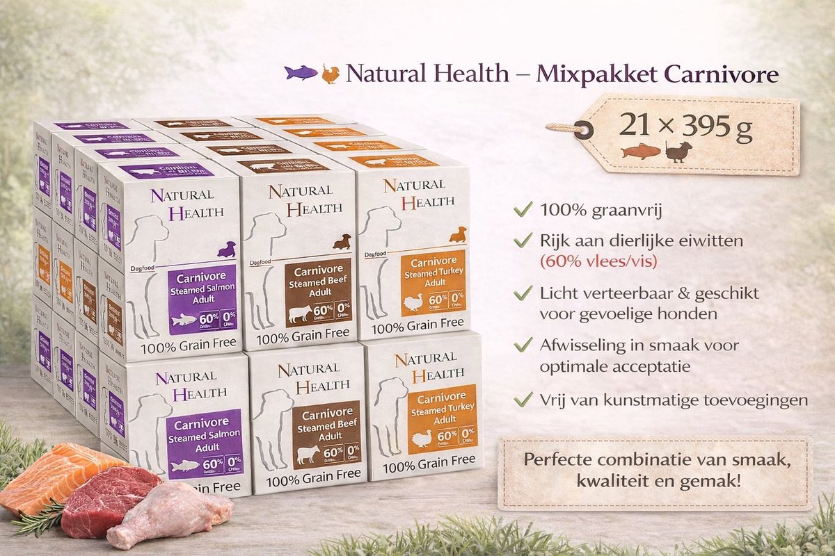 Natural Health Dog Steamed Carnivore Mixpakket - 21x 395gram