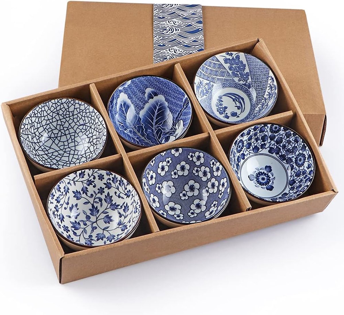 Blauw-Wit - 6 Keramiek kommen - Japans - Chinees - kommen - set - schaaltjes - kommetjes - serviesset - tapas, rijst, sushi, soep - keramiek - porselein - giftbox - cadeauverpakking - Oosters - rijstkom - Seigaiha - sushikom - decoratief servies