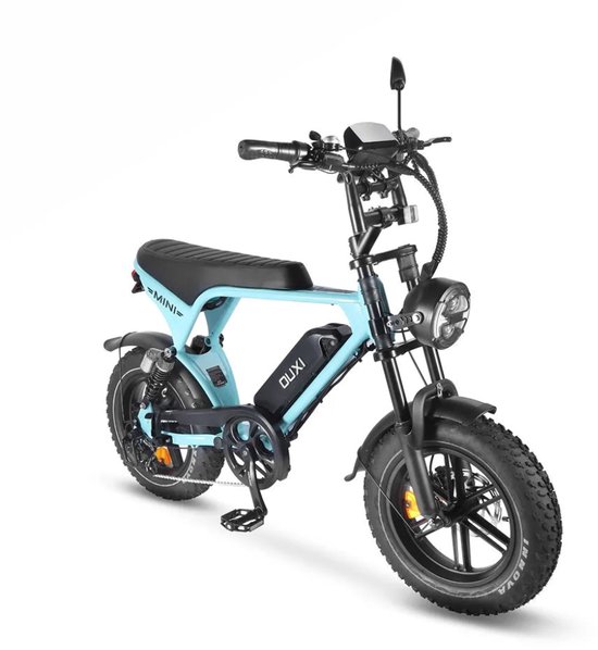 OUXI V8 Ultra Mini Elektrische Fatbike - Ingebouwd Alarmsysteem - Inclusief Voetsteuntjes - Inclusief Voorrekje -16 Inch - 250W Motor - 7 Versnellingen - 50 km Actieradius - Mechanische Schijfremmen - Lichtblauw — afbeelding 2