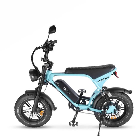 OUXI V8 Ultra Mini Elektrische Fatbike - Ingebouwd Alarmsysteem - Inclusief Voetsteuntjes - Inclusief Voorrekje -16 Inch - 250W Motor - 7 Versnellingen - 50 km Actieradius - Mechanische Schijfremmen - Lichtblauw — afbeelding 4