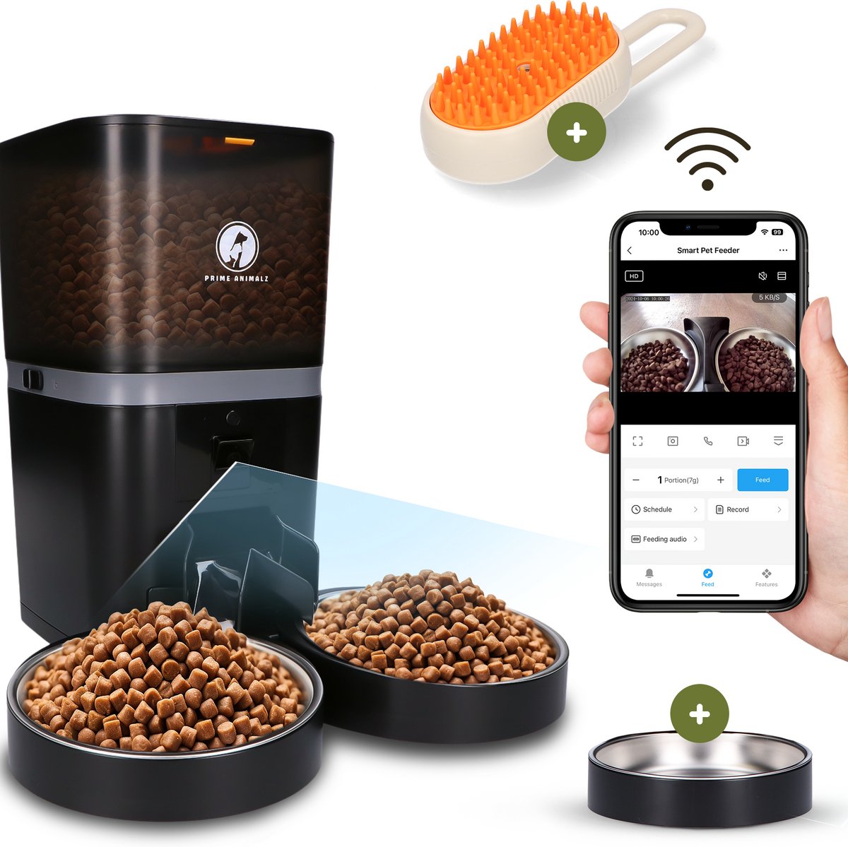 Automatische Voerbak Kat en Hond 6L Upgraded – Slimme Voerdispenser met Camera – Full HD 1080P Night Vision – Two-Way Audio – RVS Dubbele en Enkele Voerbak – App-bediening – Voerschema Instellen – Prime AnimalZ – Zwart