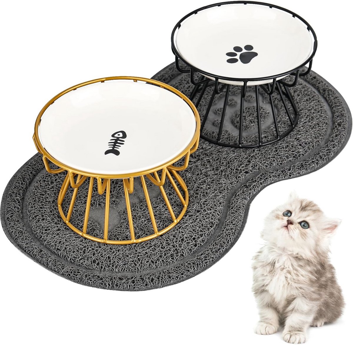 Set van 2 Verhoogde Keramische Kattenbakken met Antislipmat en Metalen Standaard