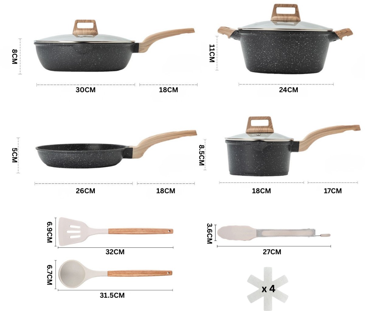 Livista Pannenset 14-delig – Wokpan, Koekenpan, Soeppan & Steelpan – Inclusief Keukengerei – – Makkelijk Schoon te Maken – Geschikt voor Inductie – Zwart – foto 3