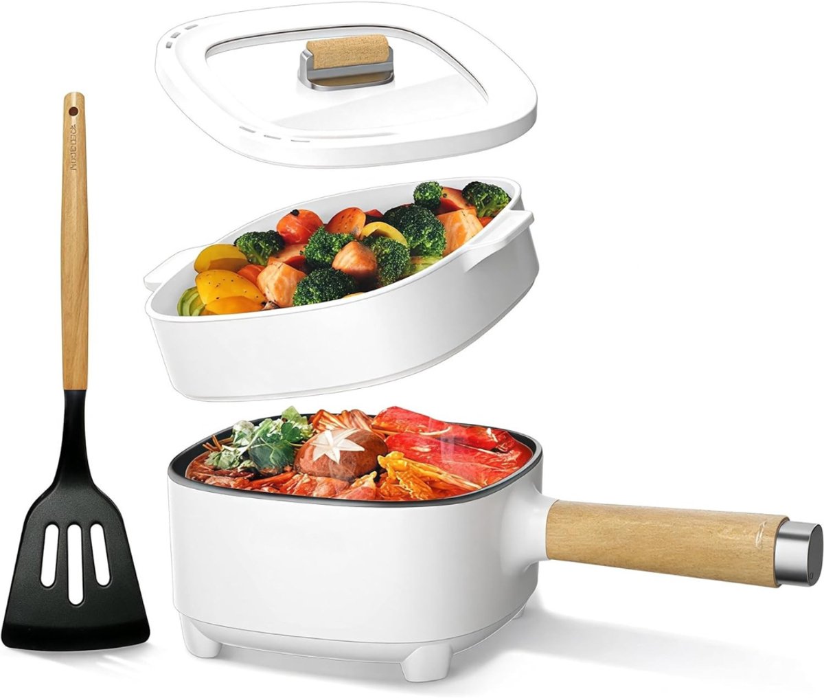 Aura® Hotpot Electrisch – Kaasfondue Pan Elektrische Multipan – Multifunctioneel 2L - Chinese Fondue 350/800Watt – Saute Pan – Friteuse – Hete Pan- Stomer – Langzame Kookplaat – Gemakkelijk Schoon te Maken - Wit - 20cm x 24cm x 12cm