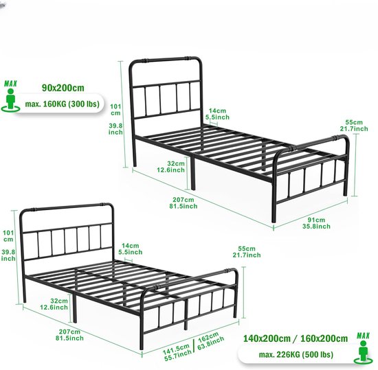 Bedframe 140 x 200 cm IJzeren Bedframe Hoogte 32 cm Tweepersoonsbed met Hoofdeinde, Lattenbodem en Opbergruimte Onder het Bed Metalen Bedframe Draagvermogen tot 226 kg Metalen Bed voor Slaapkamer of Logeerkamer NAIZY
